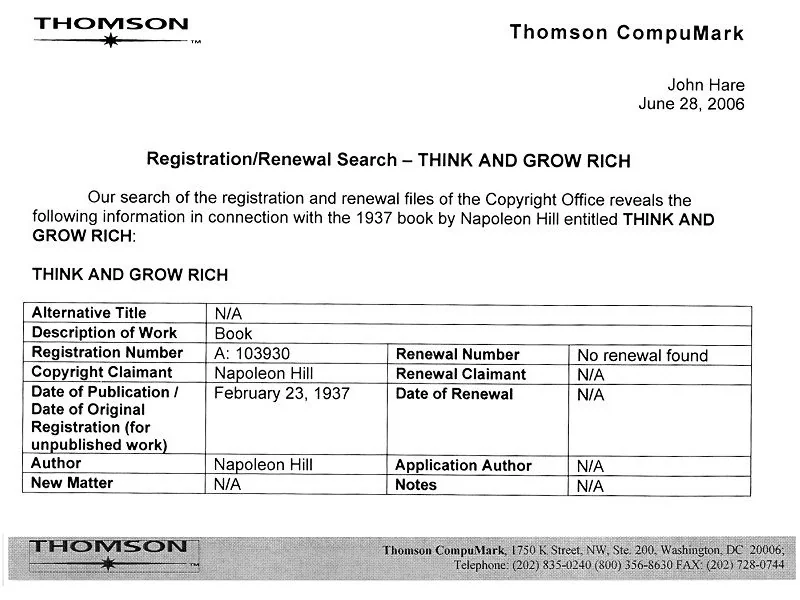 Independent report on the lack of copyright renewal of this book by the law firm of Thomson Compumark
