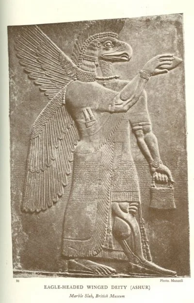 EAGLE-HEADED WINGED DEITY (ASHUR)<br> <i>Marble Slab, British Museum</i>.<br> Photo. Mansell