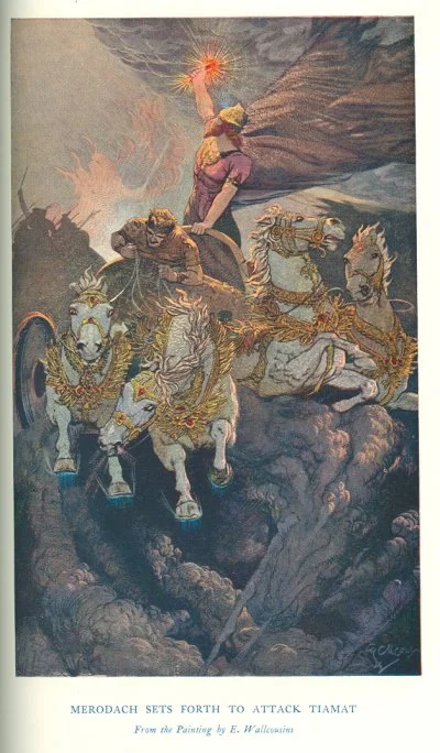 MERODACH SETS FORTH TO ATTACK TIAMAT<br> <i>From the Painting by E. Wallcousins</i>