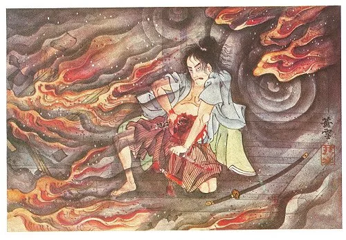 14. Okawa Plunges the Hosokawa Deed Into His Stomach