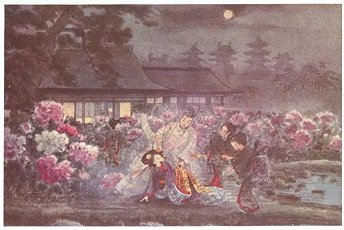 52. 'Aya Hime,' or Princess Aya, is Saved in her Fall by the 'Botan Spirit,' Peony Spirit
