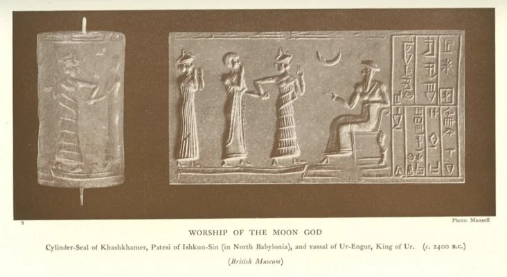 WORSHIP OF THE MOON GOD.<br> Cylinder-Seal of Khashkhamer, Patesi of Ishkun-Sin (in North Babylonia), and vassal of Ur-Engur, King of Ur. (<i>c</i>. 2400 B.C.)<br> Photo. Mansell