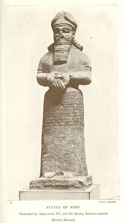 STATUE OF NEBO<br> Dedicated by Adad-nirari IV, and the Queen, Sammu-rammat<br> (<i>British Museum</i>)<br> Photo. Mansell