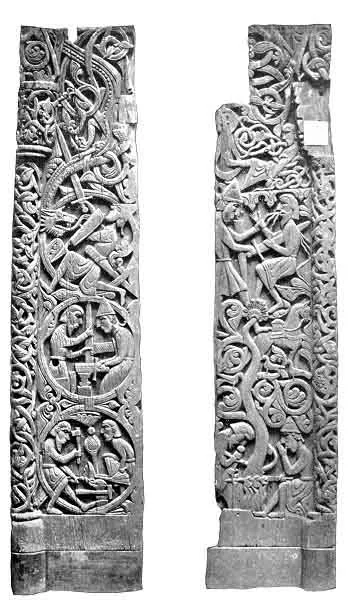 WOOD PORTALS FROM A CHURCH AT HILLESTAD, NORWAY Carved with scenes from the Volsung Saga. Sigurd is shown with his thumb in his mouth at the bottom of the left portal