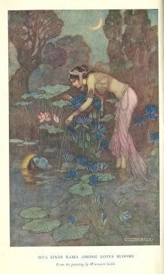SITA FINDS RAMA AMONG LOTUS BLOSSOMS From the painting by Warwick Goble