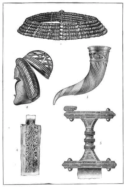 VIKING RELICS 1. Gold Collar from Oland. 2. Masked Helmet from Thorsbjerg Moss. 3. Drinking-horn. 4. Portion of a Damascened Sword from Nydam. 5. Bronze Sword Grip decorated with gold and garnets. 1. 3, and 5 reproduced by permission from '' Kulturgeshichte Schwedens '' by Oscar Montelius