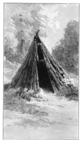 INDIAN O'-CHUM. This style of house, made of cedar poles covered with bark, is more easily heated than any other form of dwelling known