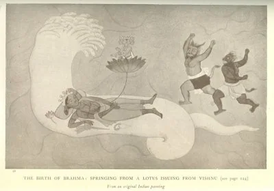 THE BIRTH OF BRAHMA: SPRINGING FROM A LOTUS ISSUING FROM VISHNU From an original Indian painting