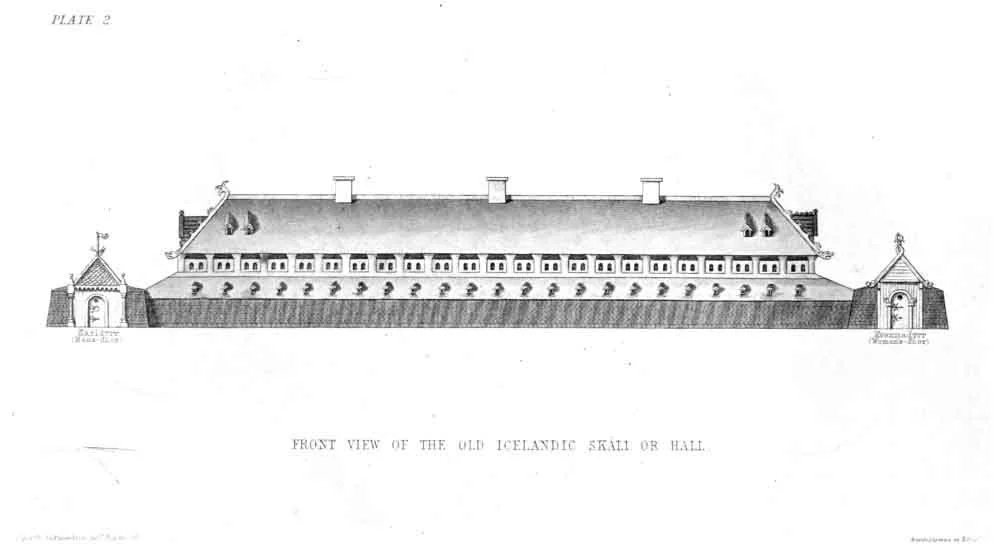 FRONT VIEW OF THE OLD ICELANDIC SKÁLI OR HALL