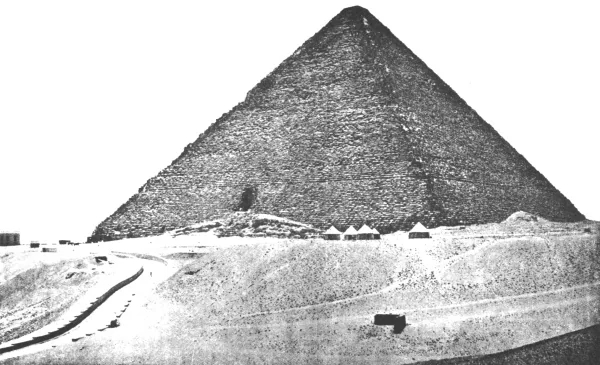 Frontispiece: The GREAT PYRAMID of Gizeh, from the sand-hills above Mena House Hotel; showing the terminus of the carriage-drive which connects Cairo with the Pyramids