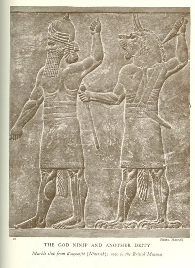 THE GOD NINIP AND ANOTHER DEITY<br> <i>Marble slab from Kenyan jib (Nineveh): now in the British Museum</i>.<br> Photo Mansell