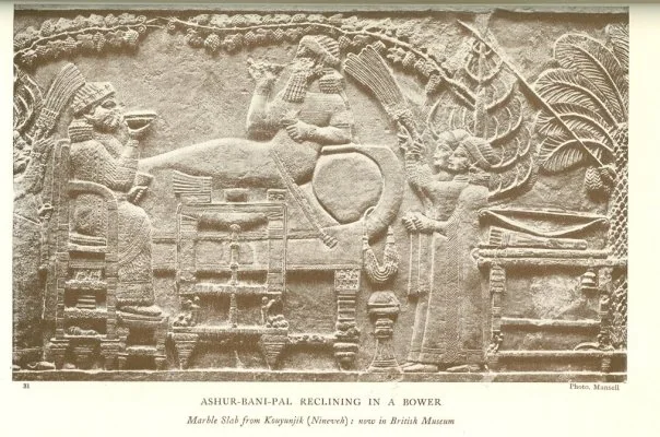 ASHUR-BANI-PAL RECLINING IN A BOWER<br> <i>Marble Slab from Kouyunjik (Nineveh); now in British Museum</i>.<br> Photo. Mansell