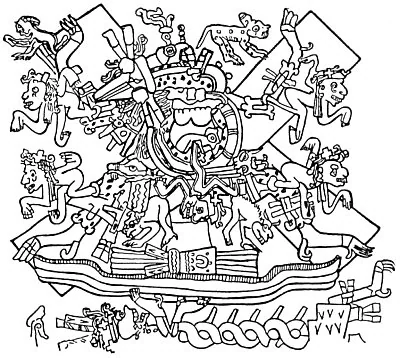 THE CRUCIFIXION OF QUETZALCOATL. (From the Codex Borgianus.)