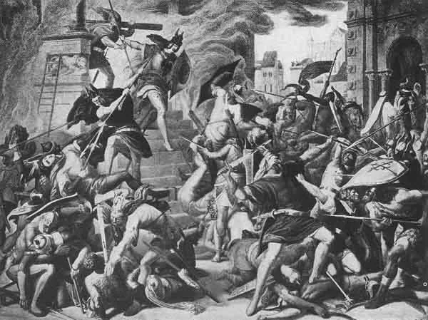 THE FIGHT ON THE STAIRS OF ETZEL'S PALACE From the painting by Schnorr von Carolsfeld