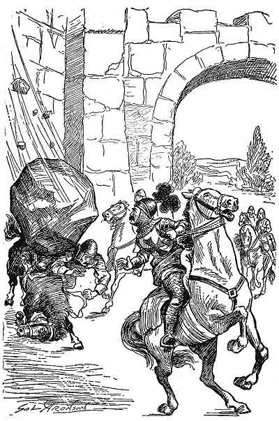 He heard a cry of alarm and saw a huge stone fall on the soldier riding behind him. ( Page 201 )