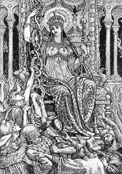 'And all that press did round about her swell To catchen hold of that long chain, thereby To climb aloft, and others to excell: That was Ambition, rash desire to sty, And every link thereof a step of dignity.'' After the drawing by Walter Crane. By permission of Messrs. George Allen & Co