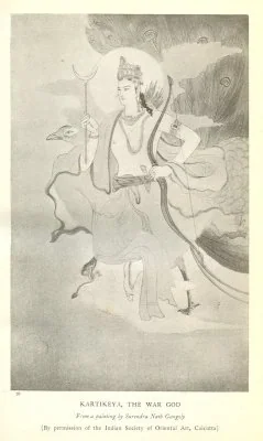 KARTIKEYA, THE WAR GOD From a painting by Surendra Nalh Gangoly . (By permission of the Indian Society of Oriental Art, Calcutta)