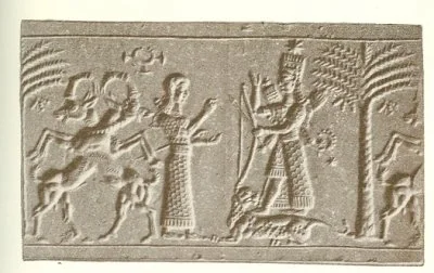 Female figure in adoration before a goddess