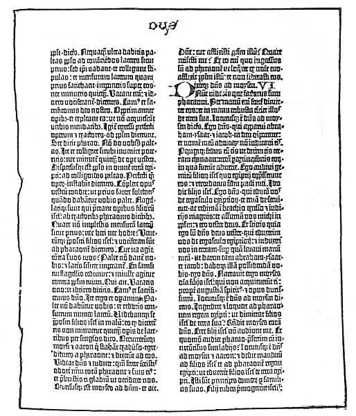 FACSIMILE OF ACTUAL PAGE OF ORIGINAL GUTENBERG BIBLE. The first successful printing was done in 1450 A.D. when Gutenberg printed the Old Testament in Latin. There are about 45 copies of the precious Gutenberg Bible in existence that have survived the chances of Europe and its wars for five hundred years