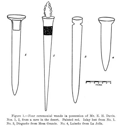 Figure 1.—Four ceremonial wands is possession of Mr. E. H. Davis. Nos. 1, 2, from a cave in the desert. Painted red. Inlay lost from No. 1. No. 3, Diegueño from Mesa Grande. No. 4, Luiseño from La Jolla