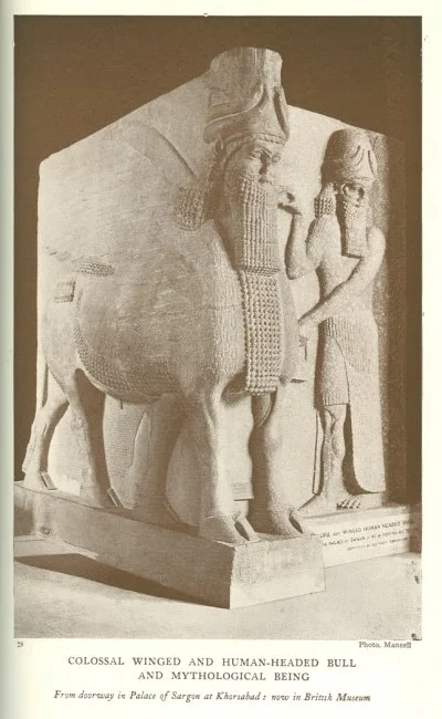 COLOSSAL WINGED AND HUMAN-HEADED BULL AND MYTHOLOGICAL BEING<br> <i>From doorway in Palace of Sargon at Khorsabad: now in British Museum</i>.<br> Photo. Mansell