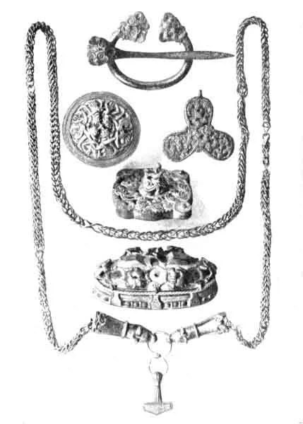 VIKING ORNAMENTS 1. Pin-brooch; 2, 3, 4, 5, Bronze Buckles; 6, Gold Neck-chain with Hammer of Thor hanging at bottom
