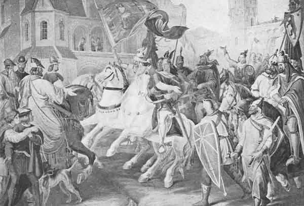 KING GUNTHER WELCOMES SIEGFRIED From the painting by Schnorr von Carolsfeld