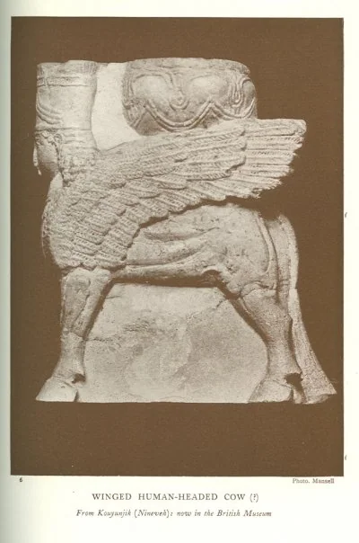WINGED HUMAN-HEADED COW (?)<br> <i>From Kouyunjik (Nineveh): now in the British Museum</i>.<br> Photo. Mansell