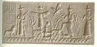 The winged Ishtar above the rising sun god, the river god, and other deities