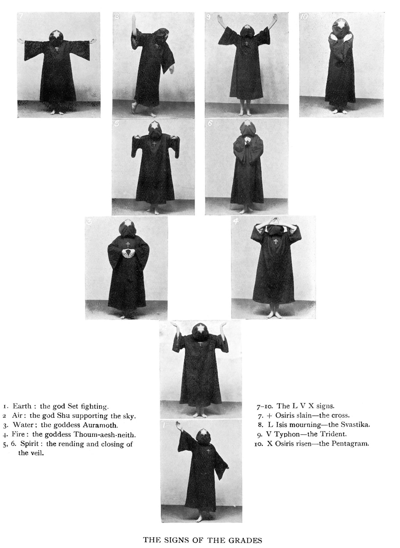 The Signs of the Grades: ten photographs of a hooded figure in a black robe, with the printed captions